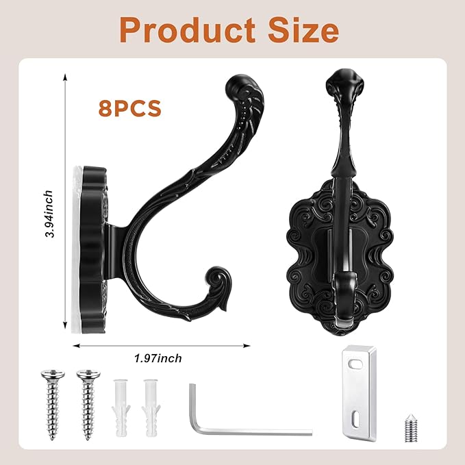 Zonon 8 Pcs Black Vintage Coat Hooks Decorative Towel Hooks - Image 2