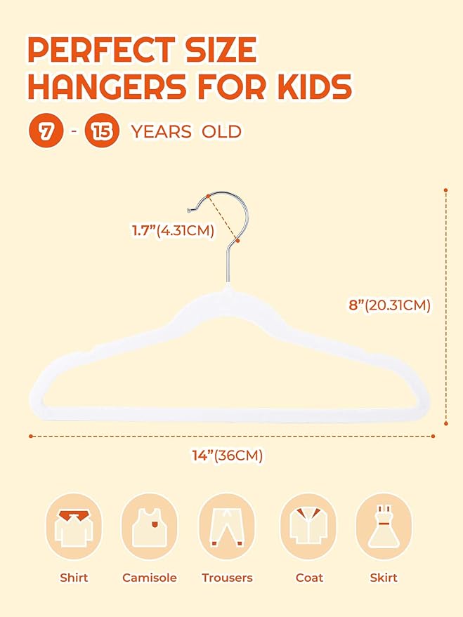 HOUSE DAY 14 Inch Kids Velvet Hangers 50 Pack, Durable Big Kids Hangers - Image 8