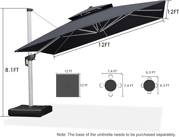 PURPLE LEAF 12 Feet Double Top Deluxe Square Patio Umbrella Offset Hanging Umbrella Cantilever Outdoor Market Garden Umbrella, Grey - Image 8