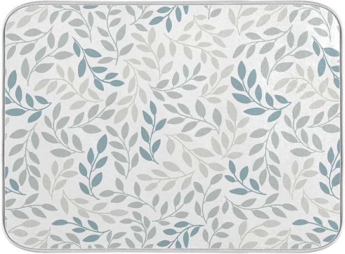 Grey and Blue Leaves branches Dish Drying Mat 16x18 by Wamika