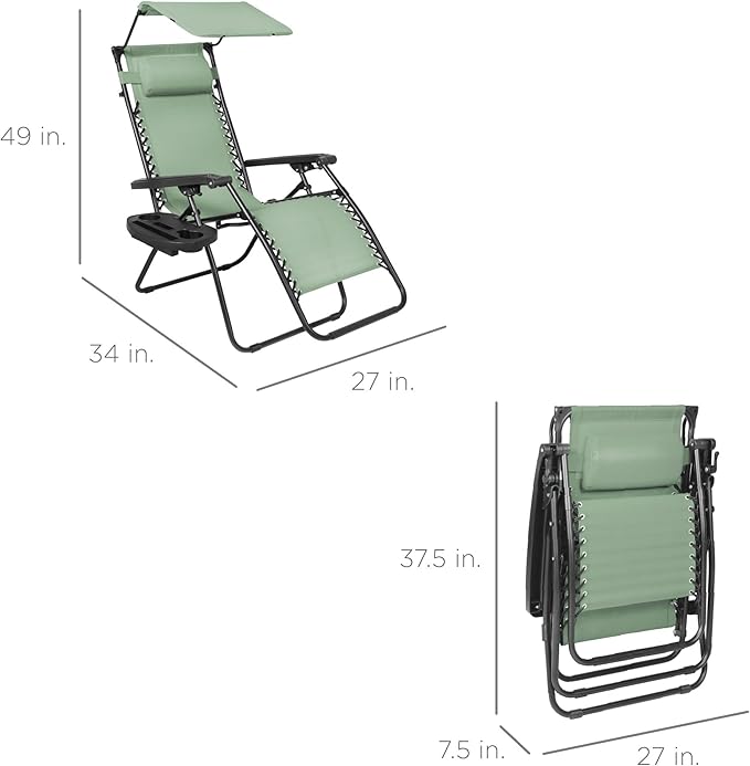 Best Choice Products Folding Zero Gravity Outdoor Recliner Patio Lounge Chair w/Adjustable Canopy Shade, Headrest, Side Accessory Tray, Textilene Mesh - Sage Green - Image 2