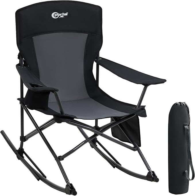 Portal Outdoor Rocking Chair Camping Folding Portable Rocker with Cup Holder Side Pocket Carry Bag, Support 350LBS (Black) by PORTAL