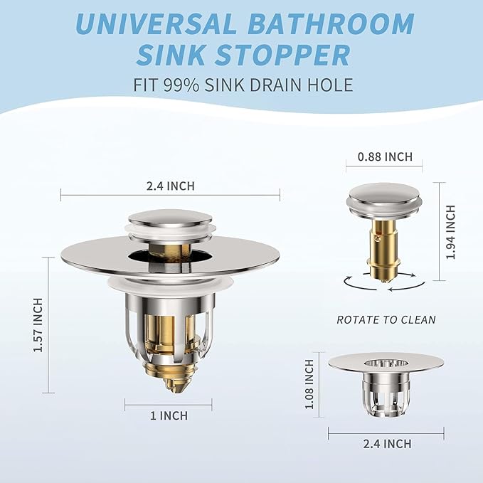 Universal 2 in 1 Bathroom Sink Stopper, Pop Up Bathroom Sink Drain Strainer - Image 2