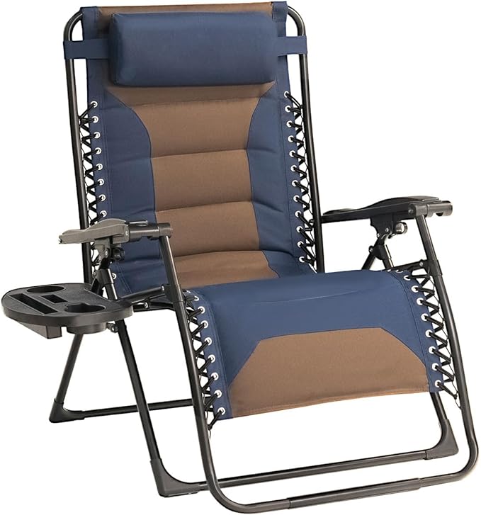 Zero Gravity Chair Oversized Padded Recliner with Adjustable Headrest & Cup Holder - 600D Oxford Folding Lounge Chair for Outdoor Camping, Patio, Poolside (Brown & Blue) by Unknown
