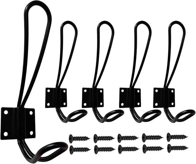 Wire Coat Hooks Black, 5 Pack Rustic Wall Hooks Heavy Duty Double Prong Wall by Mokife