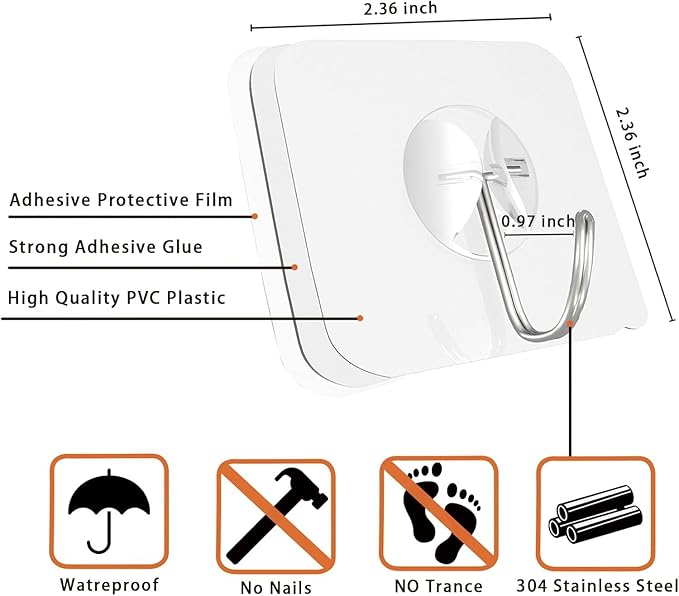 Adhesive Wall Hooks for Hanging Heavy Duty Towel Coat Hooks Waterproof - Image 5