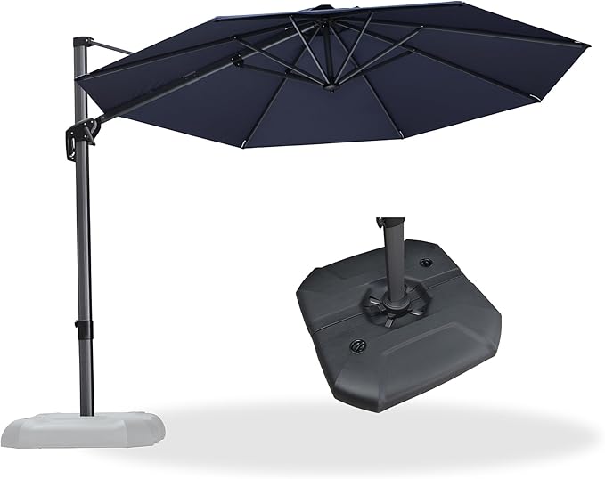PURPLE LEAF 10 Feet Patio Umbrella With Base Outdoor Cantilever Round Aluminum Offset With 360-Degree Rotation for Deck Garden Pool Navy Blue - Image 3