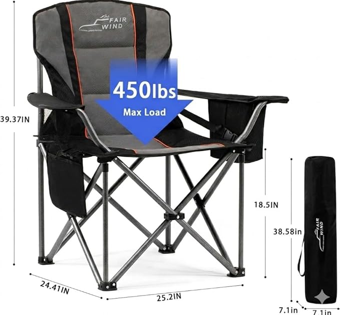 FAIR WIND Heavy Duty Camping Chair, Oversized Padded Folding Chair for Big and Tall (450lbs), Extra Wide Seat with Integrated Cooler & Storage Pocket, Adjustable Lumbar Support for Outdoor - Image 3