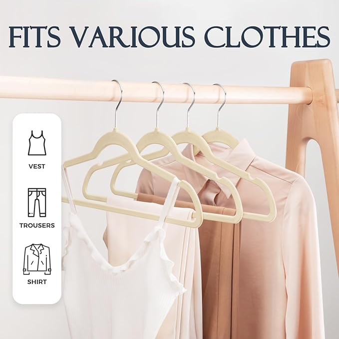 HOUSE DAY Beige Velvet Hangers 20 Pack, Non Slip Clothes Felt Hanger Heavy Duty - Image 3