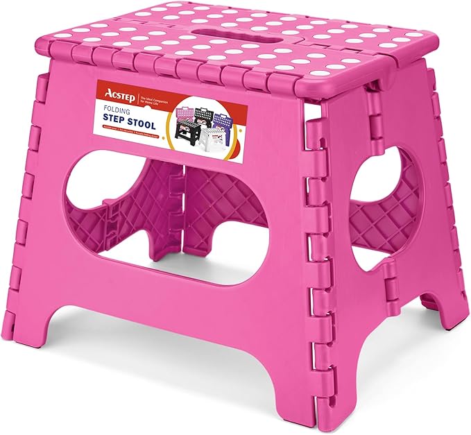 ACSTEP Folding Step Stool 11 Inch, Sturdy Plastic Foldable Step Stool for Kids & Adults, Non Slip Lightweight Collapsible Foot Stools Holds 300 lbs, Ideal for Kitchen, Bathroom, Bedroom, Rose red by ACSTEP