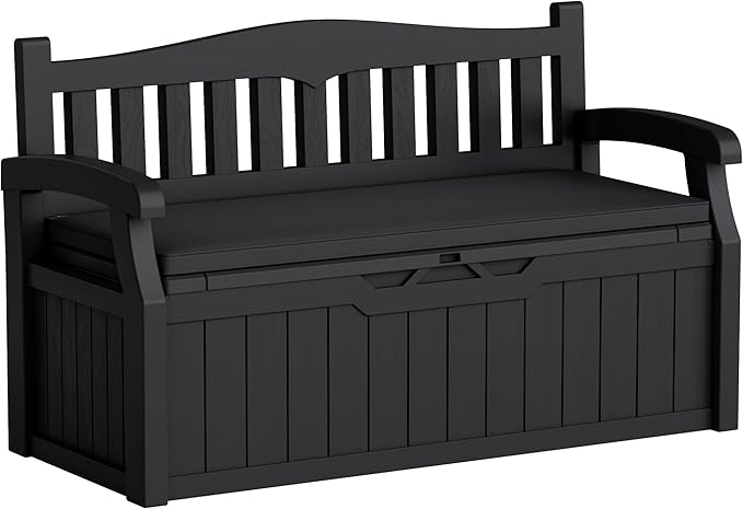 Greesum 80 Gallon Heavy-Duty Outdoor Storage Bench with Cushion, UV-Resistant Resin Bench with Armrest, Deck Box for Garden, Poolside, Patio, Black by BuynowfromGreesum