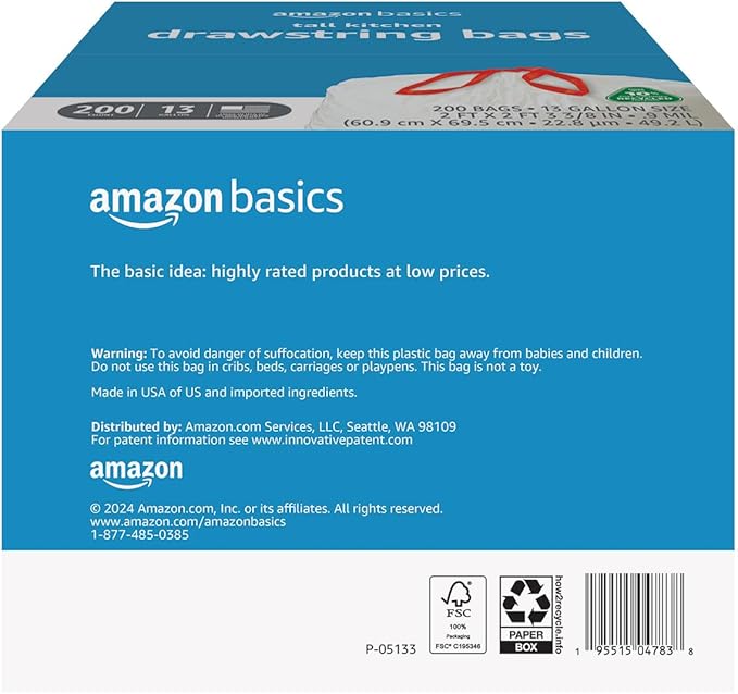 Amazon Basics 13 Gallon Tall Kitchen Drawstring Trash Bags, 10% Post Consumer - Image 2
