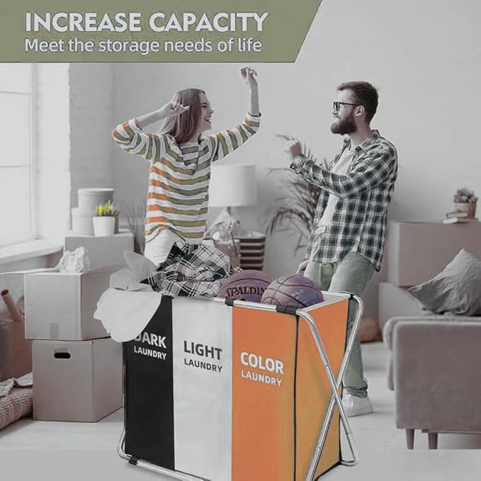 150L Laundry Cloth Hamper Sorter Basket Bin Foldable 3 Sections - Image 4
