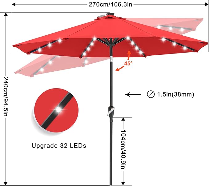 ABCCANOPY Durable Solar Led Patio Umbrellas with 32LED Lights 9FT (Red) - Image 3