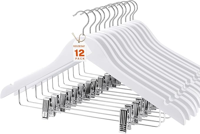 HOUSE DAY Wooden Hangers with Clips 12 Pack, Heavy Duty White Wood Pants Hanger by HOUSEDAY