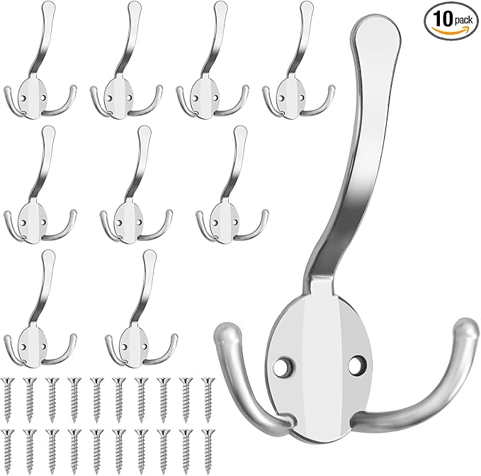 10 Pack Coat Hooks Heavy Duty, Metal Three Prongs Large Coat Hooks Wall Mounted by Homanu