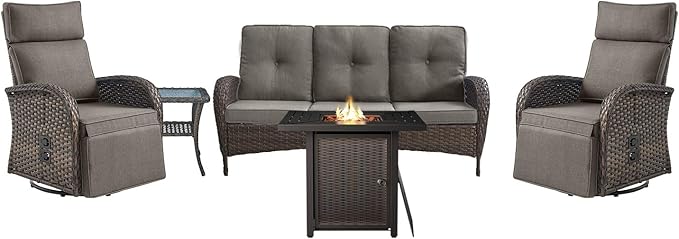 Belord 5 Piece Wicker Patio Furniture Set with 30" Propane Fire Pit Table, Outdoor Swivel Recliner Chairs with Adjustable Backrest & Footrest for Patio Conversation and Backyard Gathering by Belord