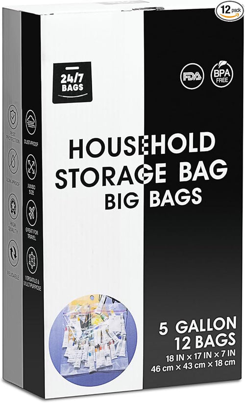 12 X-Large Plastic Storage Bags, 5 Gallons, Zero BPA, Double Zipper Seal by 247BAGS