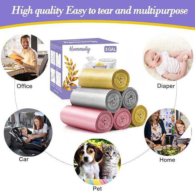 3 Gallon 180pcs Small Multi Trash Bags Strong Pink Grey Gold Garbage Bags - Image 5