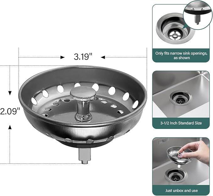 Kitchen Sink Strainer and Stopper Stainless Steel Basket - Image 2
