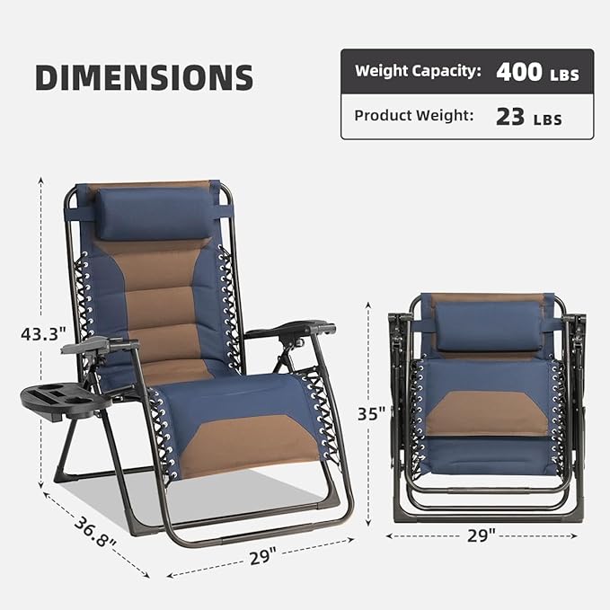 Zero Gravity Chair Set of 2 Oversized Padded Recliner with Adjustable Headrest & Cup Holder - 600D Oxford Folding Lounge Chair for Outdoor Camping, Patio, Poolside (Brown & Blue) - Image 3