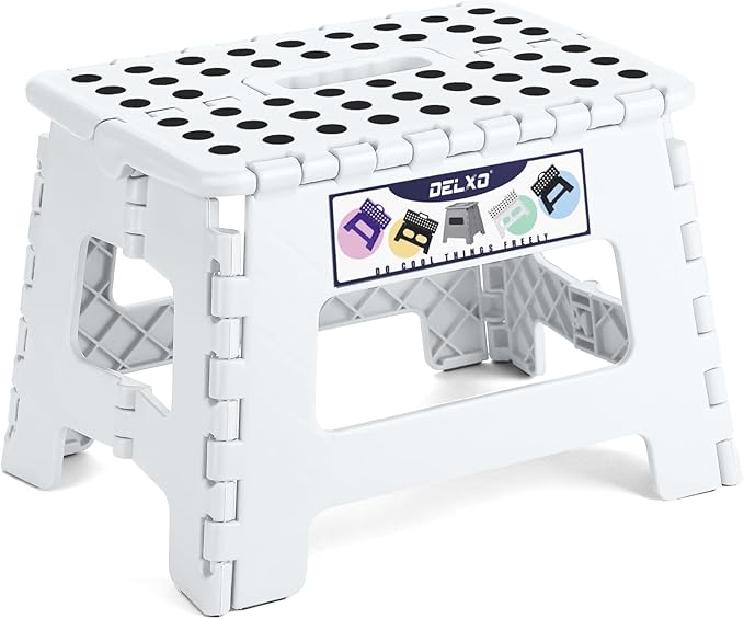 Delxo 9 Inch Folding Step Stool,White Step Stools for Kids Foldable,Portable Collapsible Step Stool with Handle, Folding Stool for Kitchen Bathroom,Bedroom,Garden by Delxo