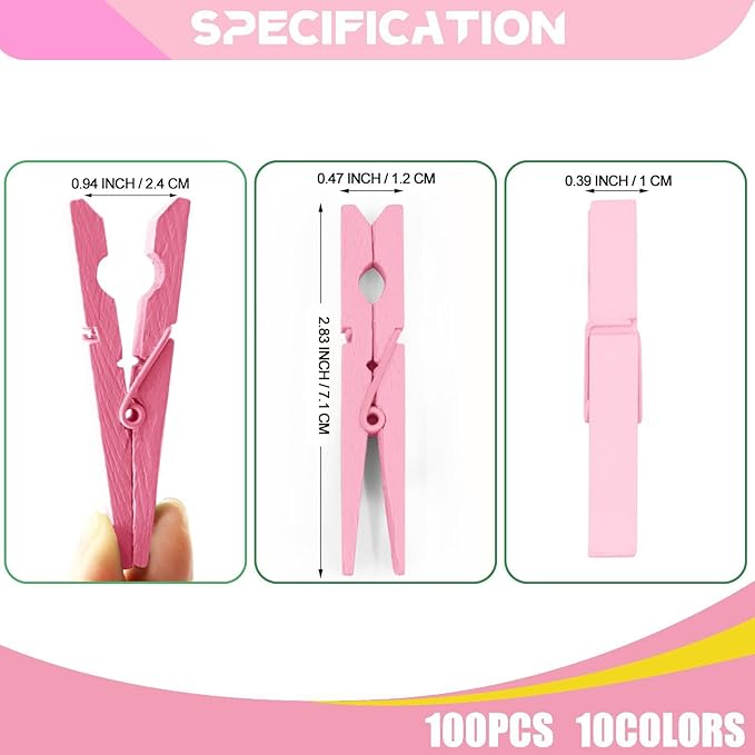 Pink Clothes Pins Wooden 100 Pack, Colored Clothespins - Image 7