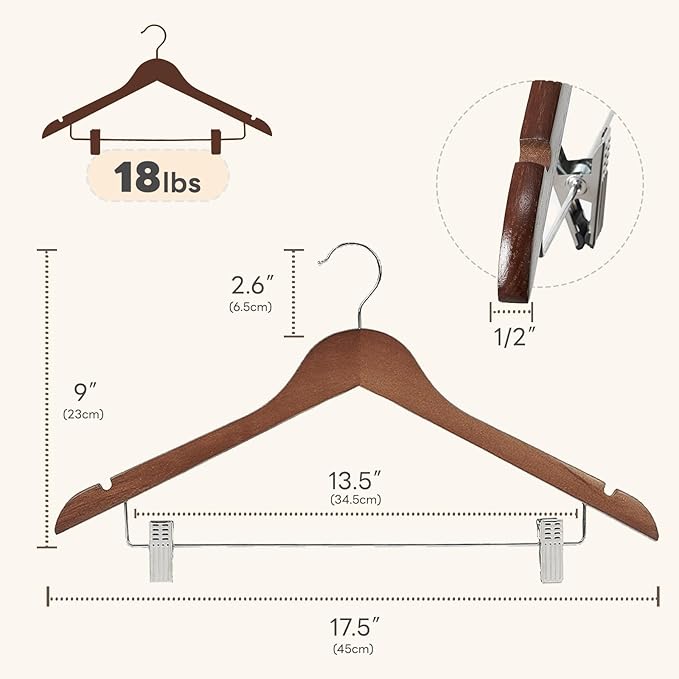 HOUSE DAY Wooden Hangers with Clips 12 Pack, Heavy Duty Walnut Wood Pants Hanger - Image 3