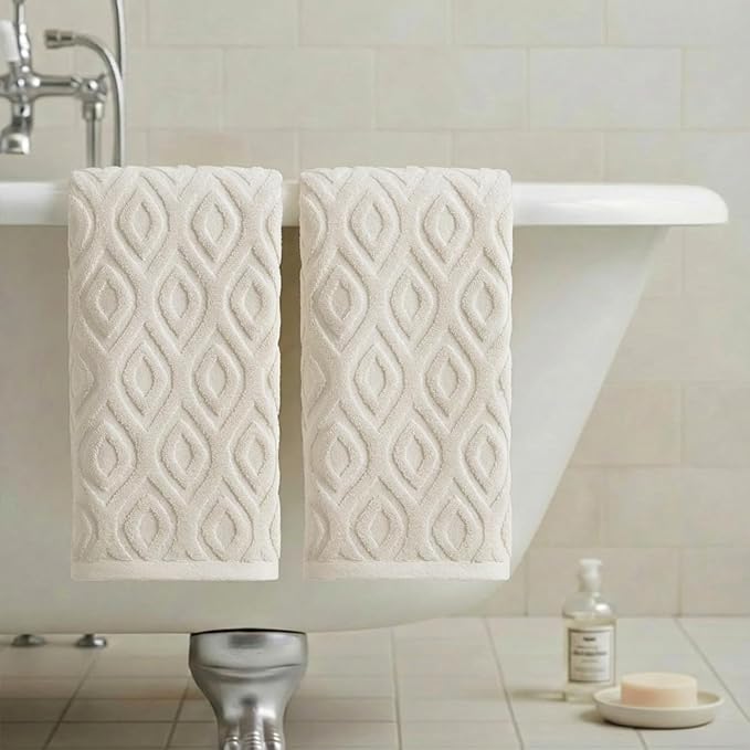 Artoid Mode 2 Pcs Beige 3D Diamond Grid Jacquard Hand Towels - Image 4