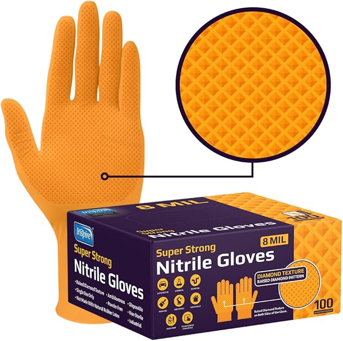 Inspire Heavy Duty Orange Nitrile Gloves | ULTRA 8 Mil Diamond Textured Grip | by Inspire