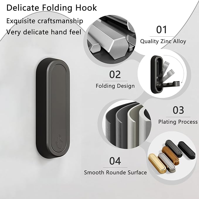 6PCS Folding Coat Hooks, Heavy Duty Wall Hooks Made of Zinc Alloy, Foldable - Image 2