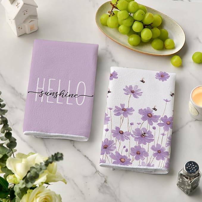 Artoid Mode Purple Flowers Bee Hello Sunshine Summer Kitchen Towels Dish Towels - Image 3
