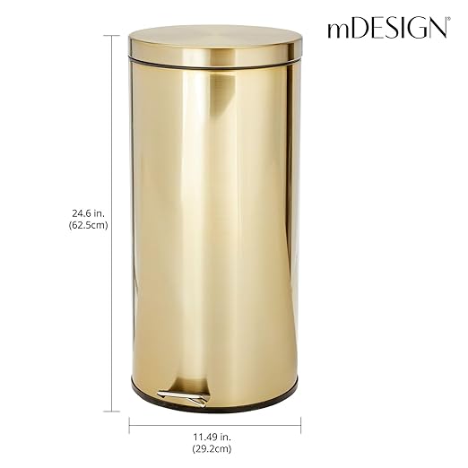 mDesign Tall 30 Liter, Large Round Metal Lidded Step Trash Can, Thin Compact - Image 2