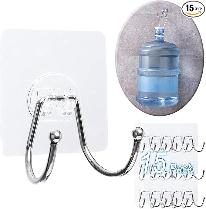 15 Pack Large Double Adhesive Wall Hooks, Damage-Free Waterproof 33 Ib Max by CenterZ