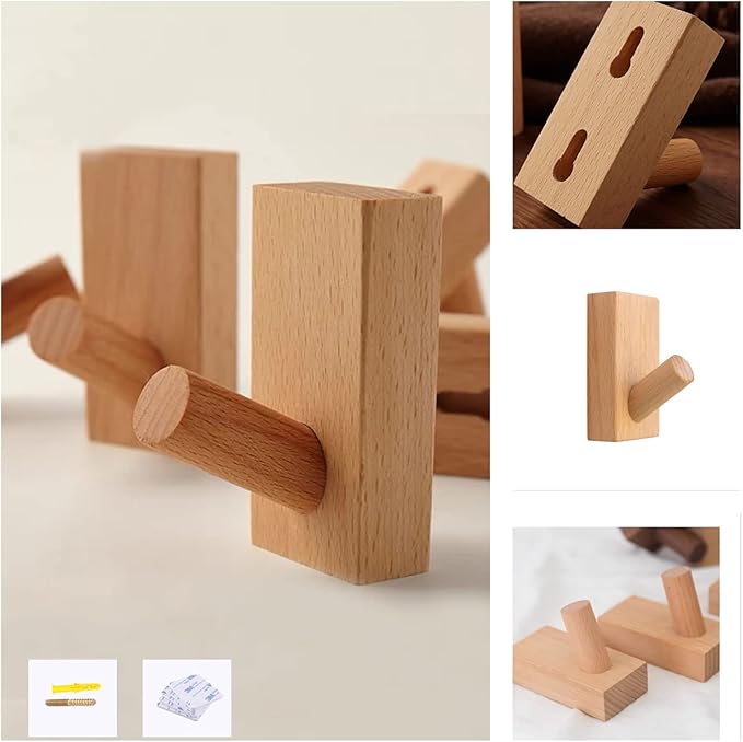 HomeDo 10Pack Adhesive Wall Hooks Hat Rack, Wooden Coat Hooks Wall Mounted - Image 2