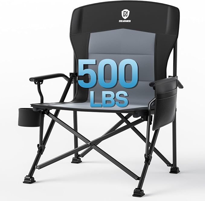 EVER ADVANCED Oversized Folding Camping Chair for Adults, Heavy Duty Lawn Chair with Side Pockets, Portable Collapsible Quad Chair for Outside, Support Up to 500lbs, Black by EVERADVANCED