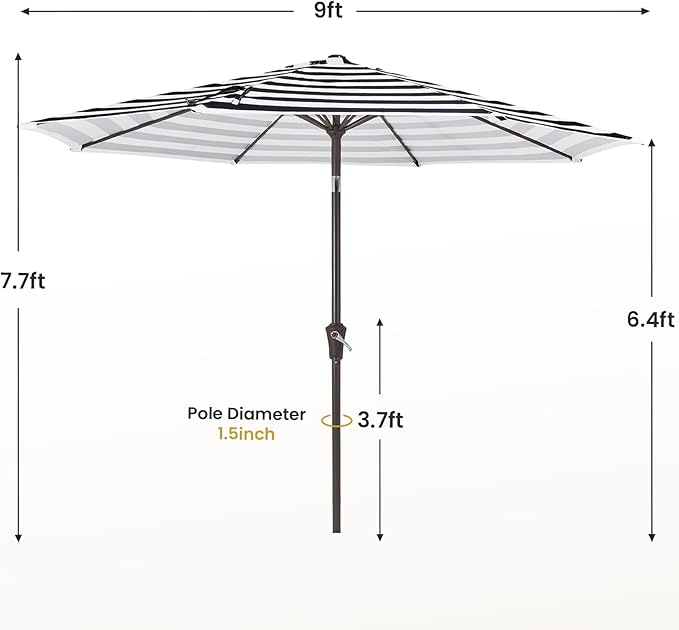 MEWAY 9ft Patio Umbrella Outdoor Table Umbrellas with Push Button Tilt and Crank, Market Umbrella 8 Sturdy Ribs for Deck, Garden, Pool and Backyard, Black-white-striped - Image 7
