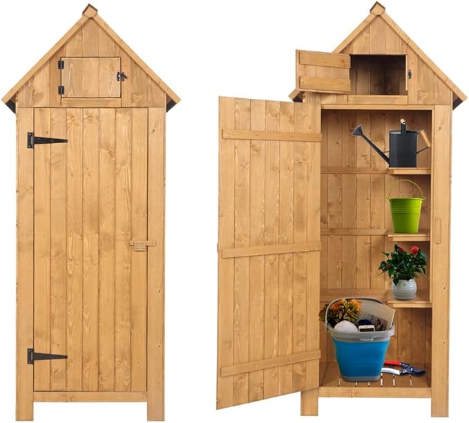 Outvita Outdoor Storage Cabinet, 70in Wooden Vertical Garden Tools Shed, Patio Storage Organizer with Latch & Waterproof Roof for Yard Deck Lawn Farmland Equipment(Natural) by Outvita