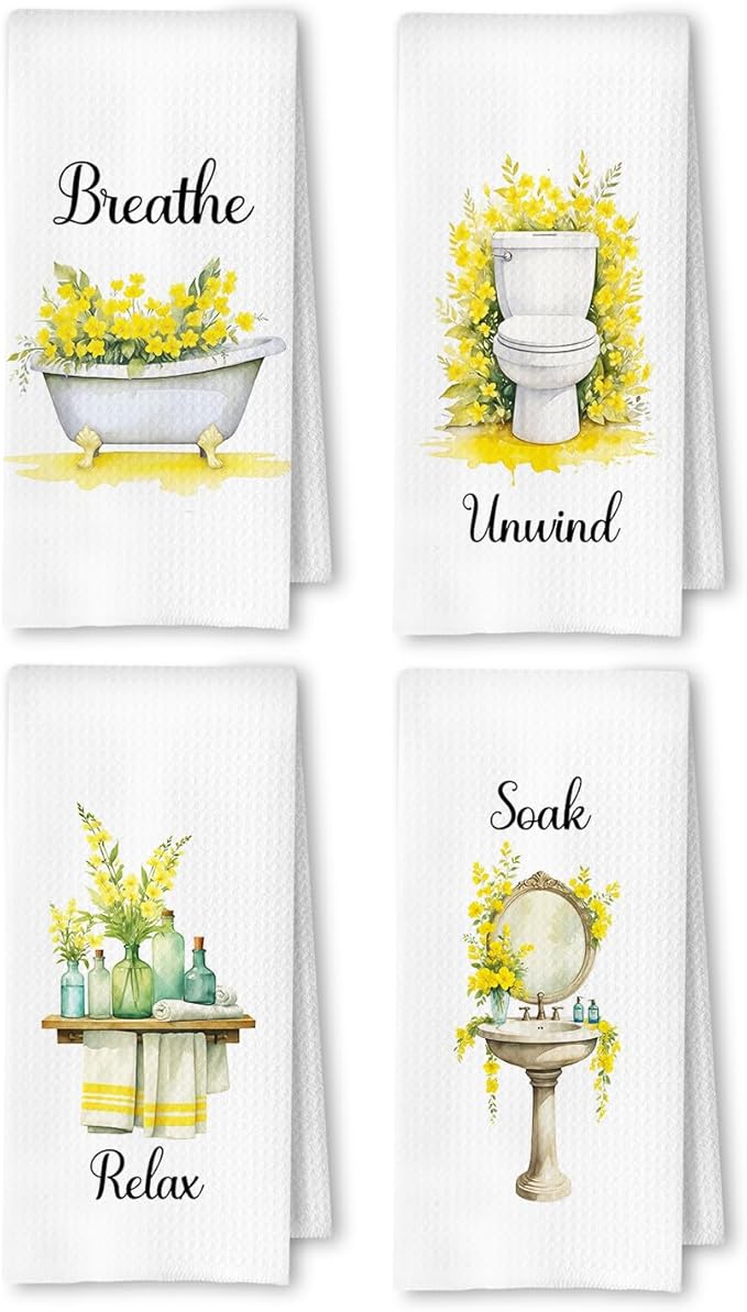 Farmhouse Yellow Botanical Bathroom Hand Towels, Relax Breathe Soak Unwind by Unknown