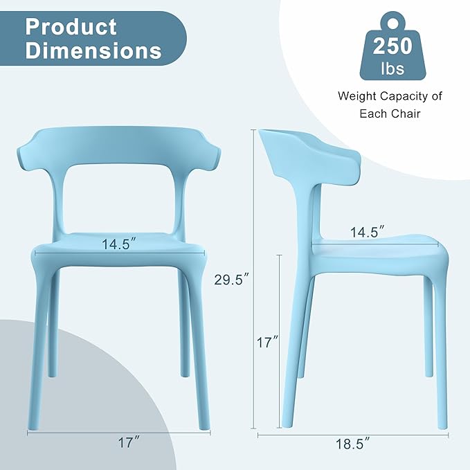 VECELO 4 Pack Plastic Stacking Chairs, Stackable Dining Chairs for Kitchen Restaurant Patio, Portable Indoor Outdoor Use, No Assembly Required, Blue - Image 3