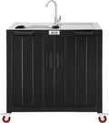 Outdoor Kitchen Island with Stainless Steel Sink and Storage Cabinet, 35-Inch BBQ Prep Station with Faucet & Lockable Wheels for Patio, Backyard, and Outdoor Cooking, Black & Silver by Idealforcook