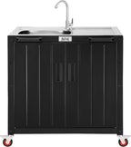 Outdoor Kitchen Island with Stainless Steel Sink and Storage Cabinet, 35-Inch BBQ Prep Station with Faucet & Lockable Wheels for Patio, Backyard, and Outdoor Cooking, Black & Silver by Idealforcook