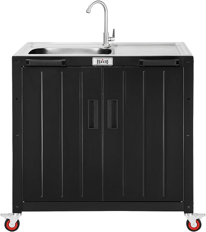 Outdoor Kitchen Island with Stainless Steel Sink and Storage Cabinet, 35-Inch BBQ Prep Station with Faucet & Lockable Wheels for Patio, Backyard, and Outdoor Cooking, Black & Silver by Idealforcook