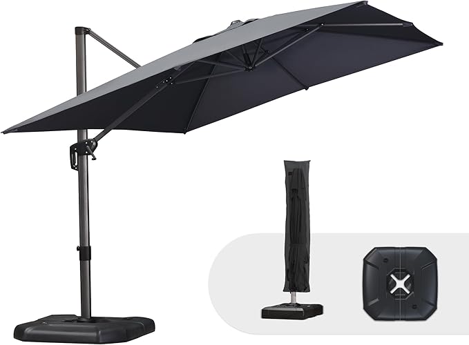 PURPLE LEAF 9'×11.5' Cantilever Patio Umbrella with Base Rectangle Offset Outdoor Umbrella Cover with Zipper for Garden Deck Pool Grey by PURPLELEAF