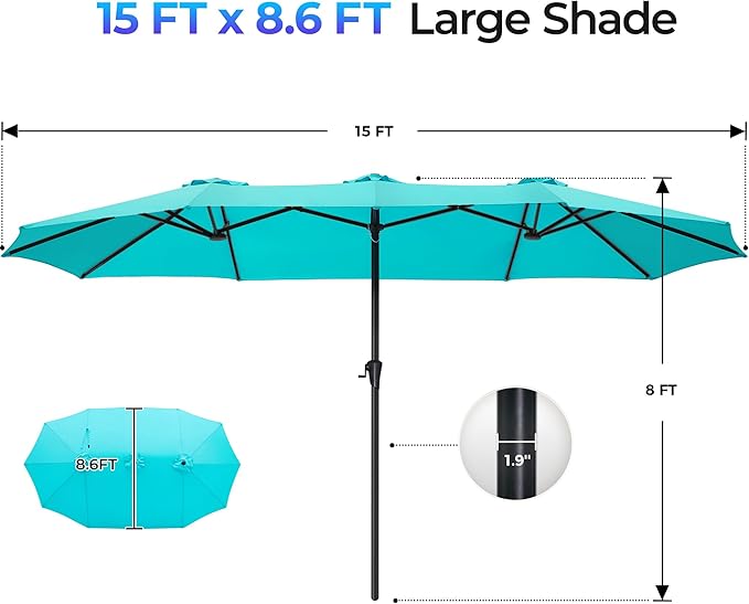 SUPERJARE 15FT Outdoor Umbrella for Patio, Double sided Pool Umbrellas with Fade Resistant Canopy, Large Table Umbrella for Deck, Market, Backyard - Light Blue - Image 7