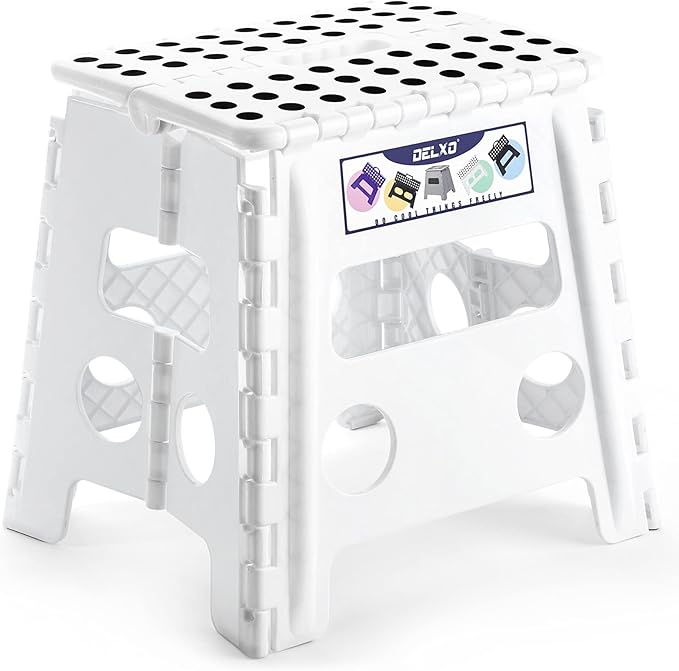 Delxo 13" Folding Step Stool for Kids and Adults, Non-Slip Foldable Step Stools with Handle,Plastic Portable Folding Stool for Bathroom,Bedroom,Kitchen,Hold up to 300lbs White by Delxo