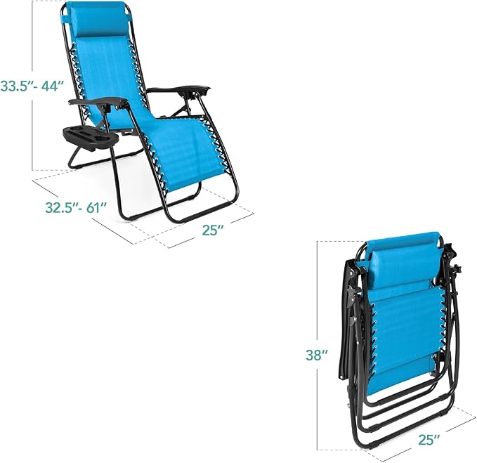 Best Choice Products Set of 2 Adjustable Steel Mesh Zero Gravity Lounge Chair Recliners w/Pillows and Cup Holder Trays - Light Blue - Image 2