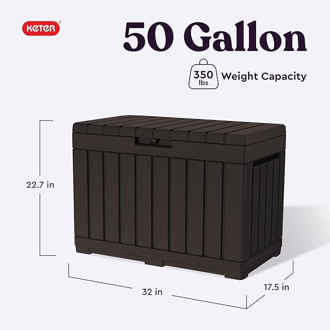 Keter Kentwood 50 Gallon Resin Deck Box for Outdoor Storage – Weather‑Resistant Balcony & Patio Box for Cushions, Throw Pillows & Garden Tools, Brown - Image 2