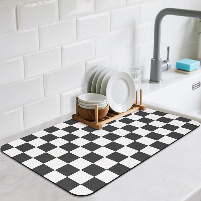 Checkered Dish Drying Mat for Kitchen Counter, Absorbent Non-Slip Coffee Mat by CooRug