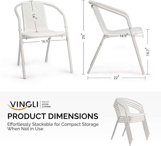 VINGLI PE Rattan Outdoor Dining Chairs Set of 4, Plastic Stackable Patio Chairs for Indoor, Porch, Restaurant, Garden, White - Image 3